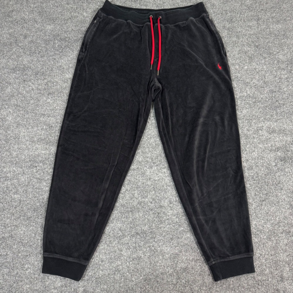 Polo Ralph Lauren Velour Joggers Red Pony Mens Size L Black Cotton Blend EUC